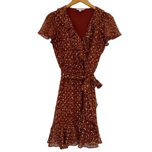 LC Lauren Conrad Ruffle Wrap Mini Dress – Burgundy Rust Red Gold – Size Small